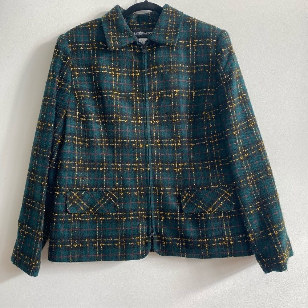 Vintage Plaid Green Yellow Red Black Zip Up Jacket Size 16